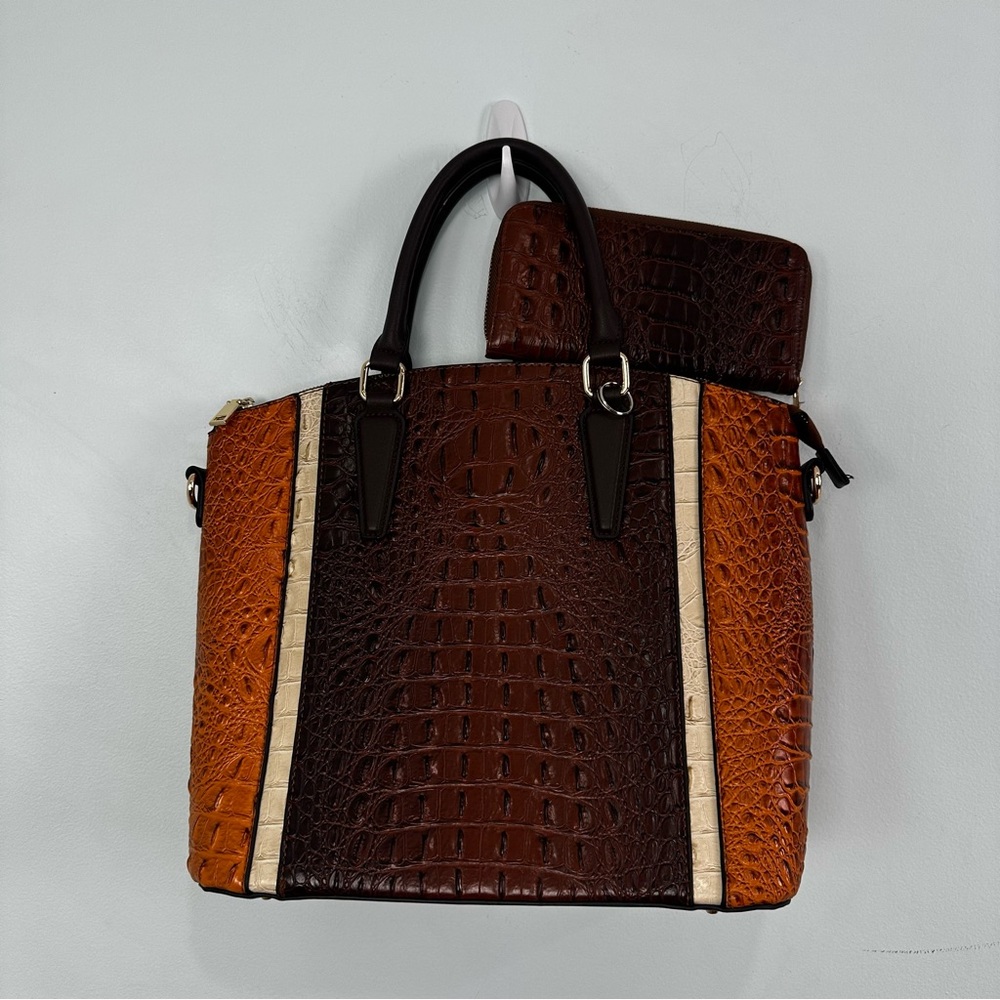 Unbranded Brown, Tan, Rust Colored Croc Embossed Faux Leather Tote & Wallet Set